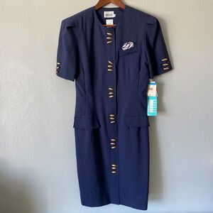 Vintage 80's Leslie Faye Navy Brass Button Midi Sheath Nautical Dress Women's 8P